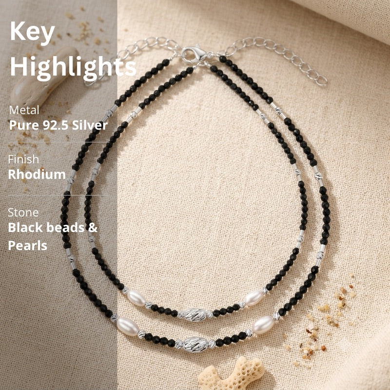 Silver Black Beads & Pearl Anklet in 925 Sterling Silver
