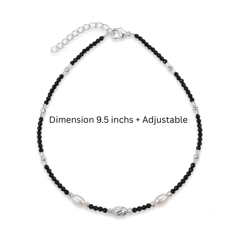 Silver Black Beads & Pearl Anklet in 925 Sterling Silver