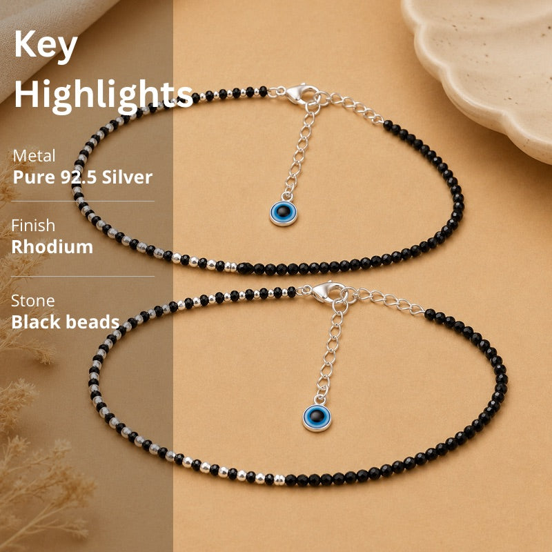 Silver Blue Evil Eye Charm Anklet in 925 Sterling Silver