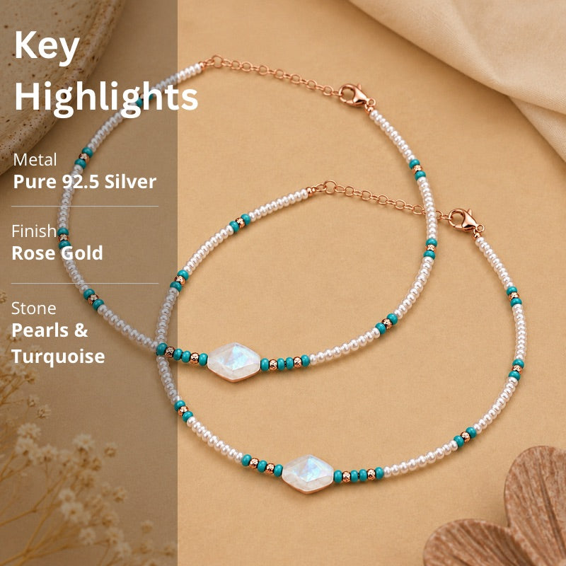 Rose Gold Pearl, Turquoise Beaded Anklet in 925 Sterling Silver