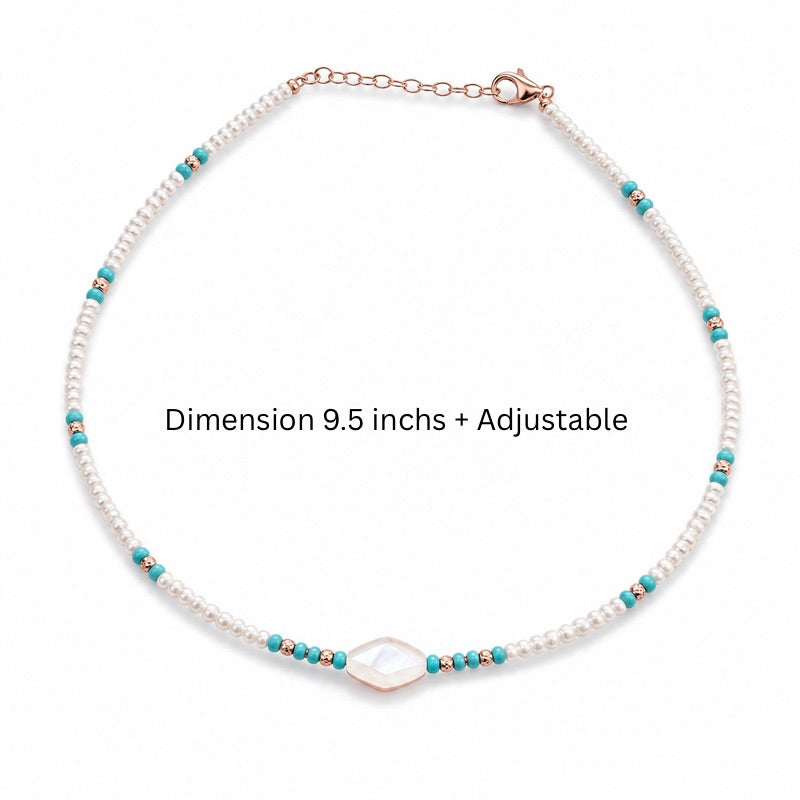 Rose Gold Pearl, Turquoise Beaded Anklet in 925 Sterling Silver