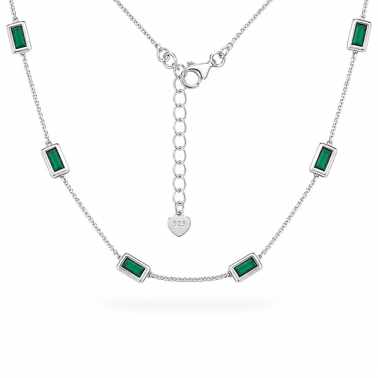 Emerald Baguette Station Necklace in 925 Sterling Silver