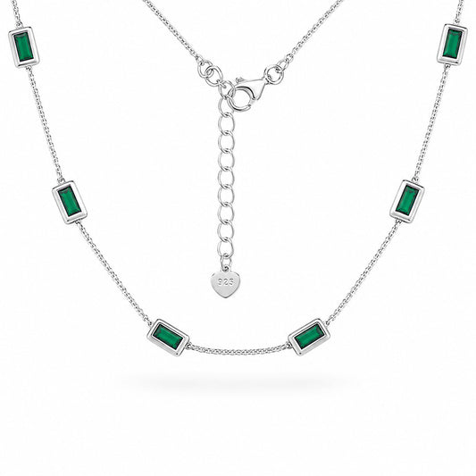 Emerald Baguette Station Necklace in 925 Sterling Silver