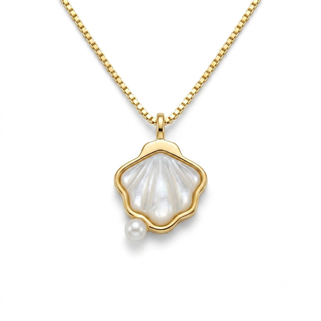 Golden Shell Pearl Necklace in 925 Sterling Silver