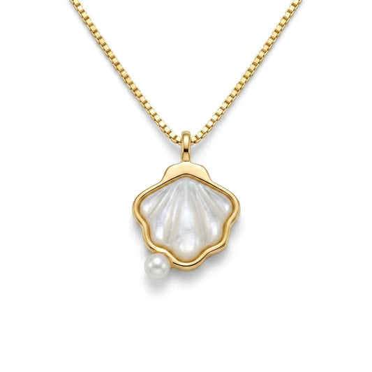 Golden Shell Pearl Necklace in 925 Sterling Silver