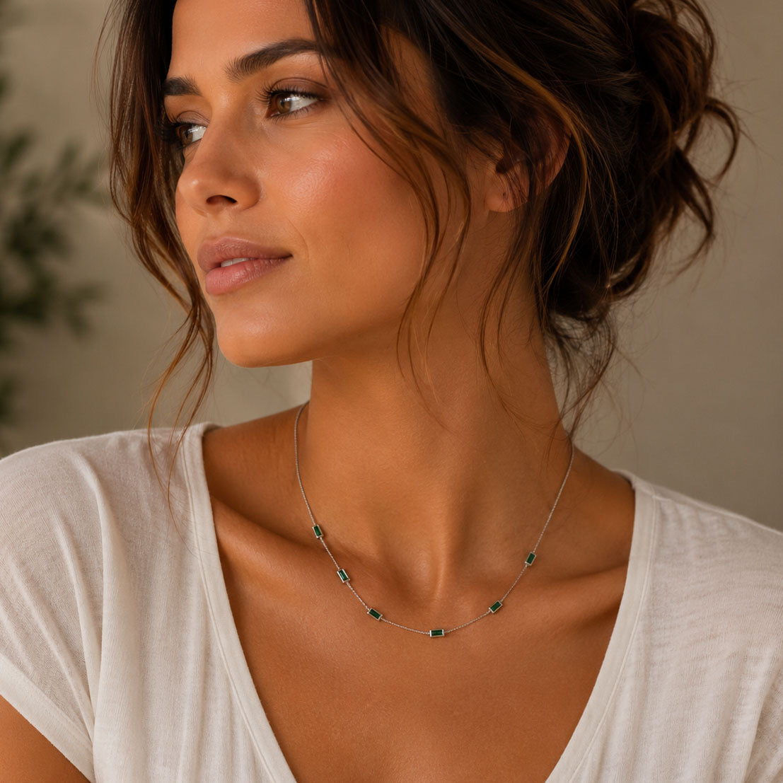 Emerald Baguette Station Necklace in 925 Sterling Silver
