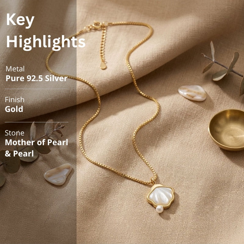 Golden Shell Pearl Necklace in 925 Sterling Silver