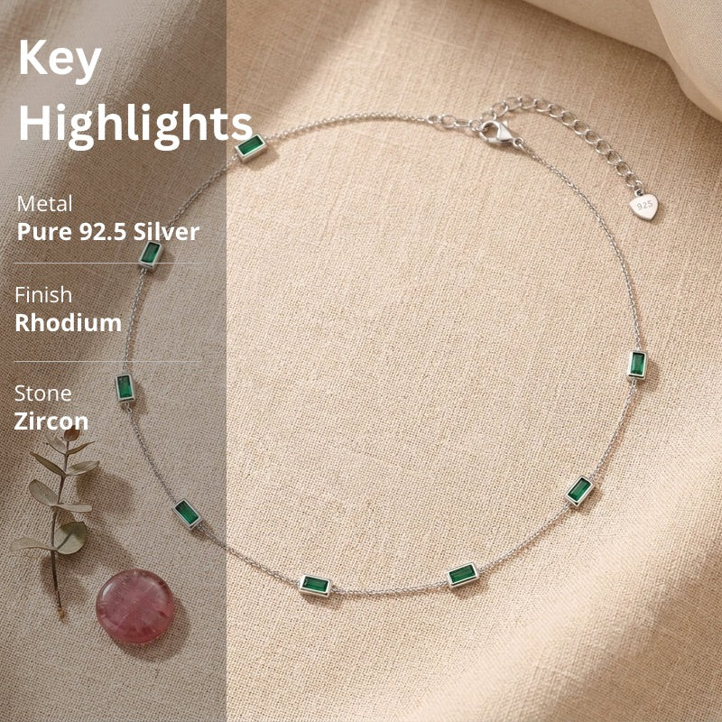 Emerald Baguette Station Necklace in 925 Sterling Silver