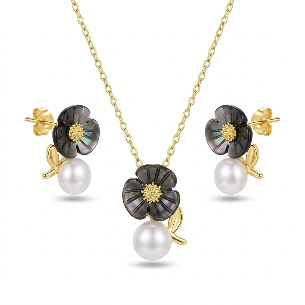 Black Mother of Pearl Flower Pendant & Earrings Set in 925 Sterling Silver