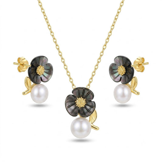 Black Mother of Pearl Flower Pendant & Earrings Set in 925 Sterling Silver