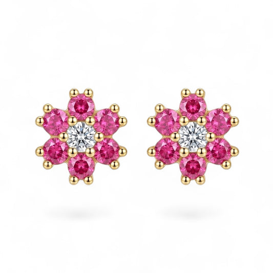 Pink Flower Stud Earrings in 925 Sterling Silver (Gold Plated)