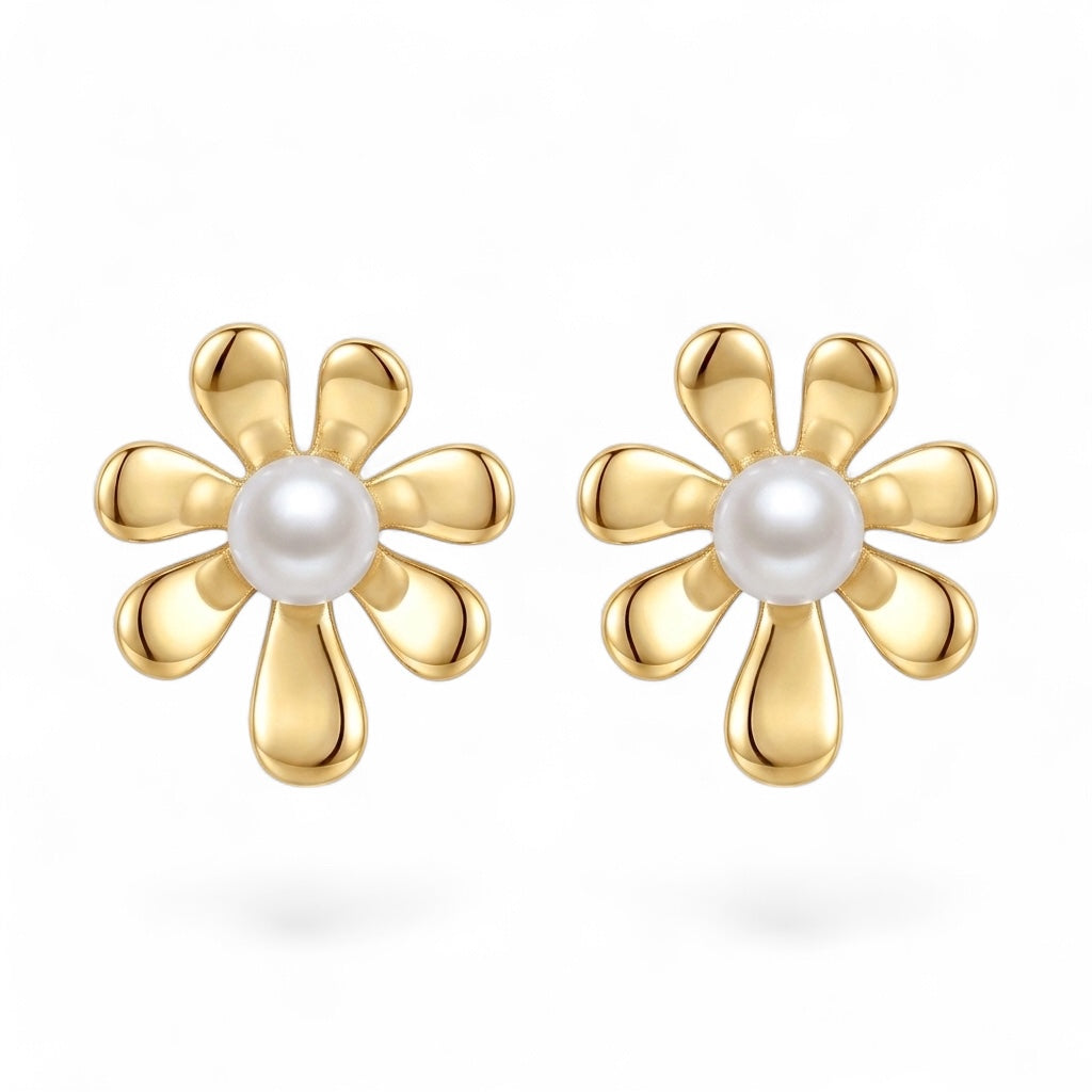Pearl Flower Stud Earrings in 925 Sterling Silver (Gold Plated)