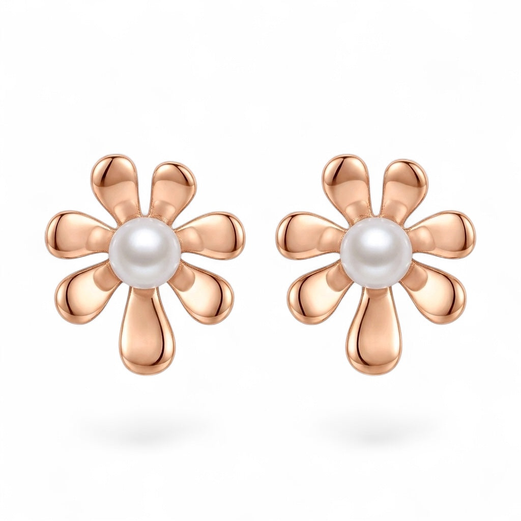 Pearl Flower Stud Earrings in 925 Sterling Silver (Rose Gold Plated)