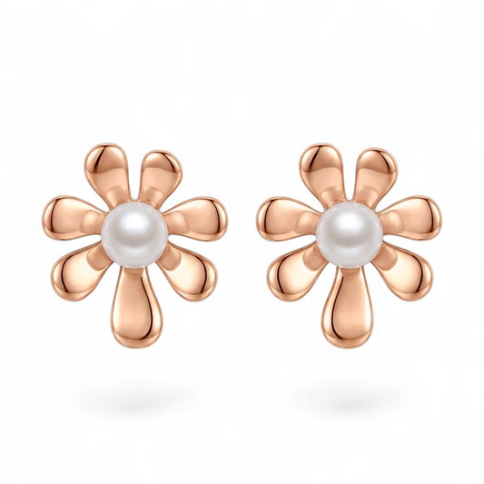 Pearl Flower Stud Earrings in 925 Sterling Silver (Rose Gold Plated)