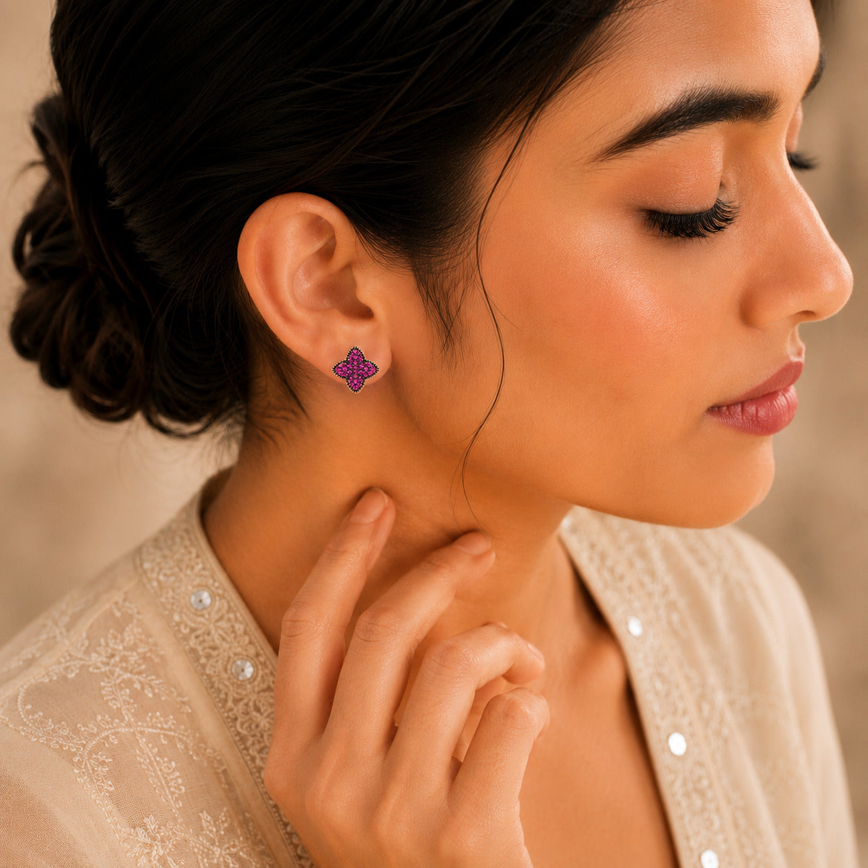 Ruby CZ Floral Stud Earrings in 925 Sterling Silver