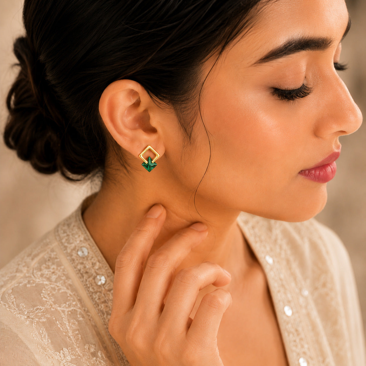 Emerald Green Geometric Stud Earrings in 925 Sterling Silver (Gold Plated)