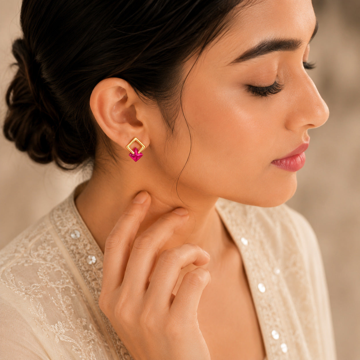 Pink Geometric Stud Earrings in 925 Sterling Silver (Gold Plated)