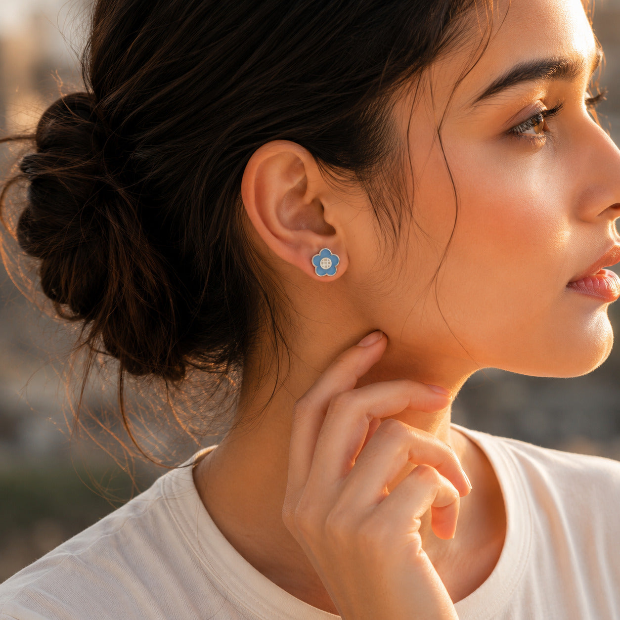Blue Enamel Flower Stud Earrings in 925 Sterling Silver