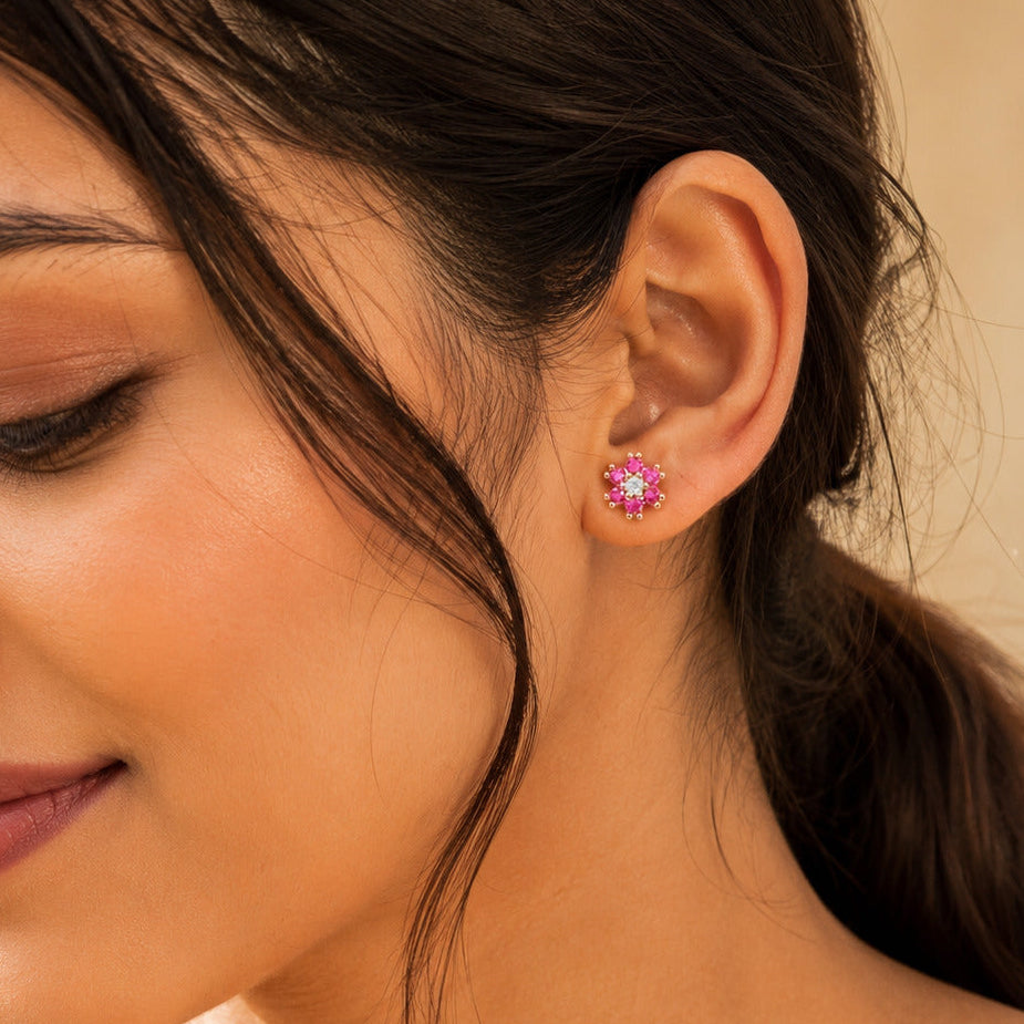 Pink Flower Stud Earrings in 925 Sterling Silver (Gold Plated)