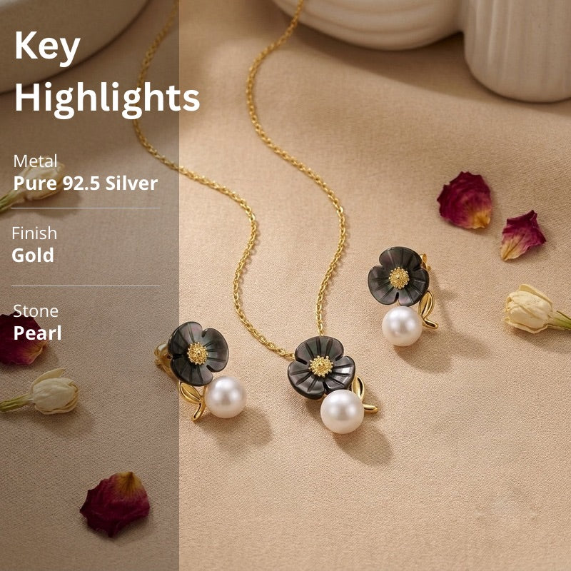 Black Mother of Pearl Flower Pendant & Earrings Set in 925 Sterling Silver